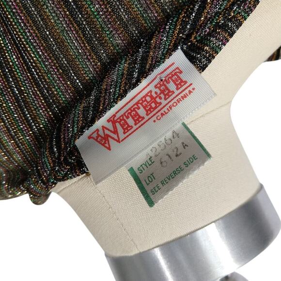 Vintage 70s Metallic Top Size M Black Stripe Disco Short Sleeve With It Shimmer - Picture 8 of 9